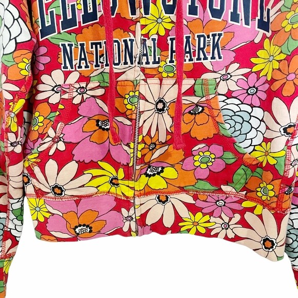 Vintage Girl Yellowstone Park 70s Floral Zip-Front Hoodie Red Pink Size Large - Picture 5 of 8